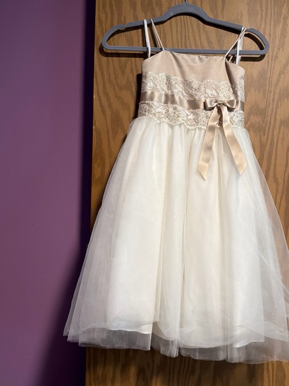 David's Bridal Ivory and Champagne Lace Tulle Flower Girl Dress